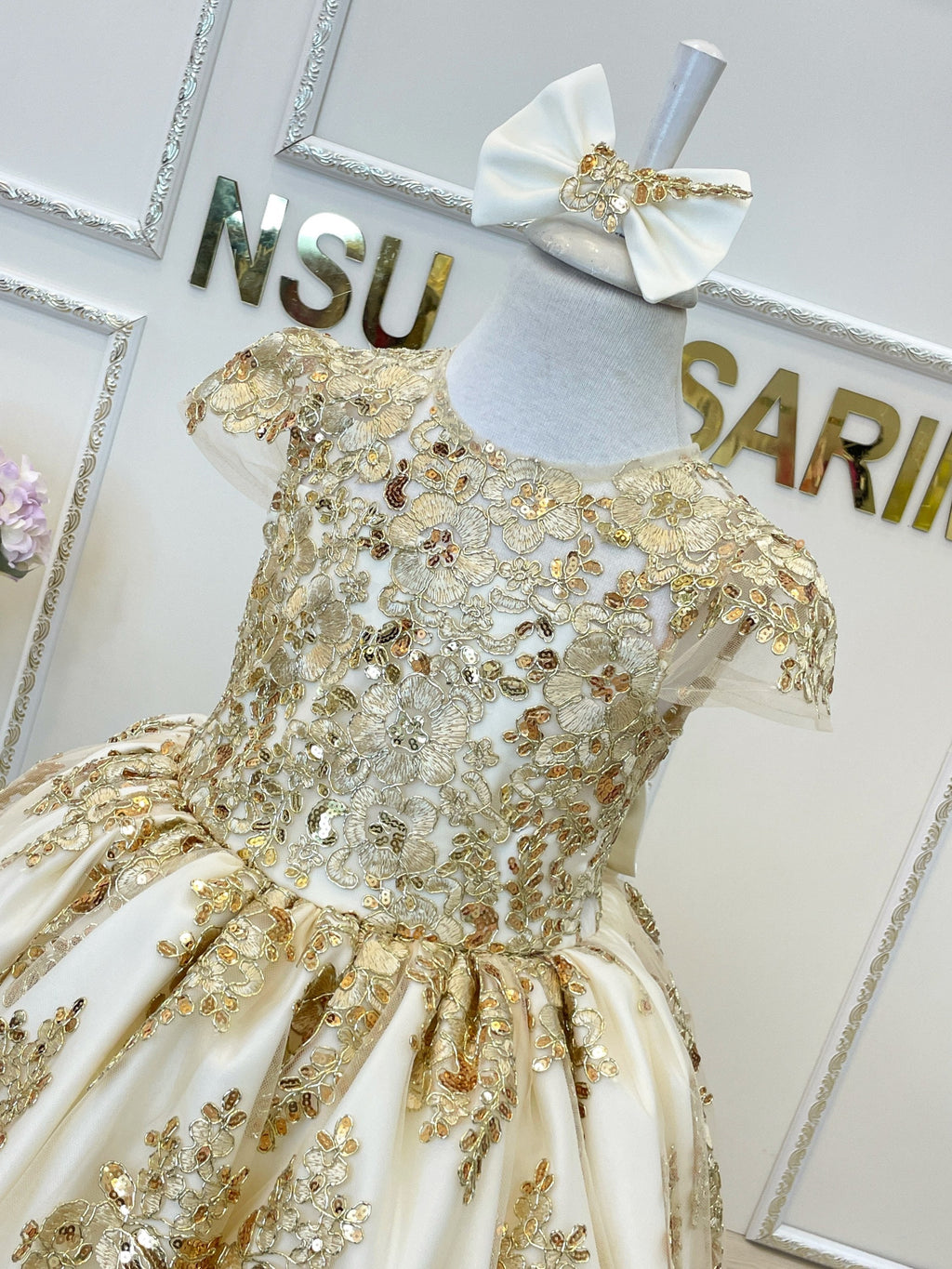 Baby girl dress. White gold. Sparkle gold lace. For special occasion. High low. couture gown.
