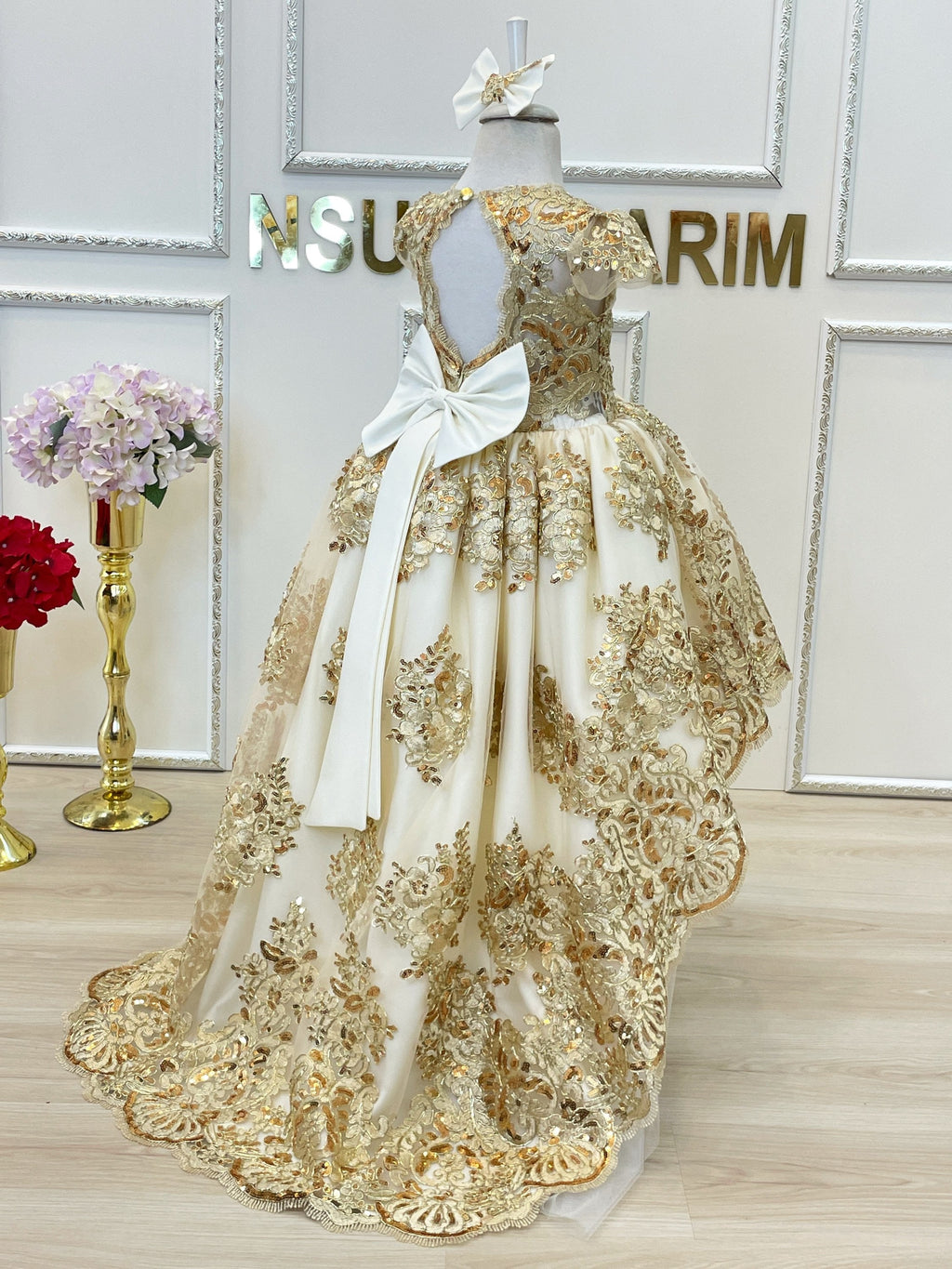 Baby girl dress. White gold. Sparkle gold lace. For special occasion. High low. couture gown.