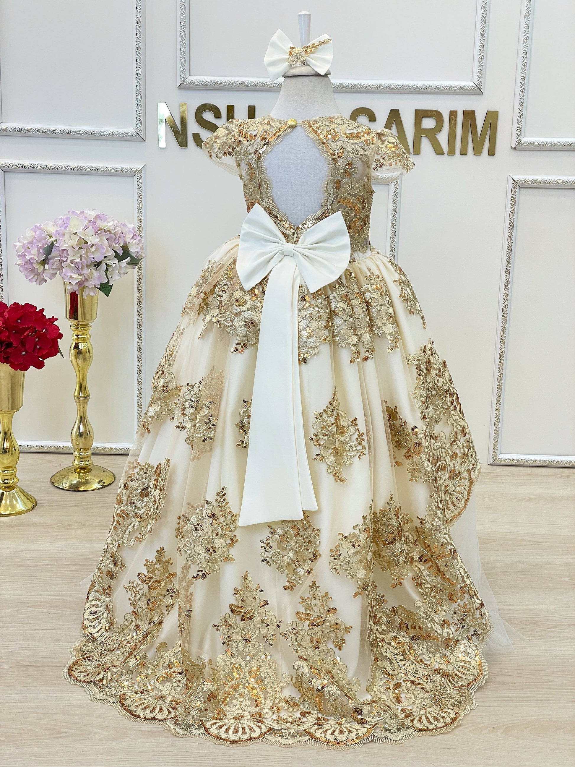 Baby girl dress. White gold. Sparkle gold lace. For special occasion. High low. couture gown.