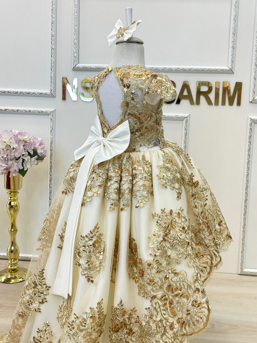 Baby girl dress. White gold. Sparkle gold lace. For special occasion. High low. couture gown.