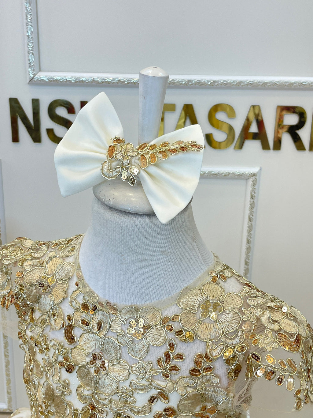 Baby girl dress. White gold. Sparkle gold lace. For special occasion. High low. couture gown.