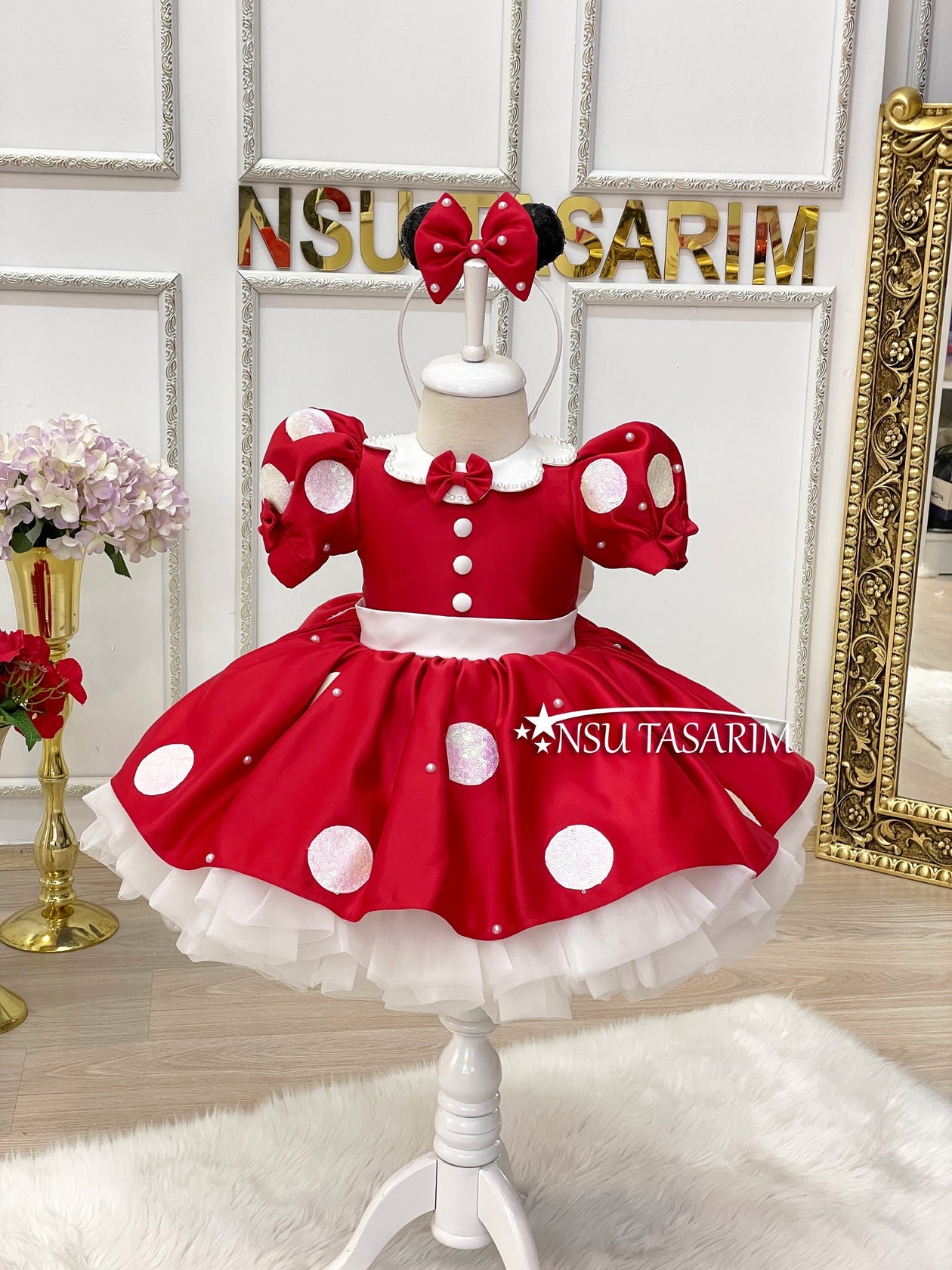 Red Sequin and Pearl-Embellished Tutu Dress for Baby Girls, Perfect for Birthday Parties and Photoshoots