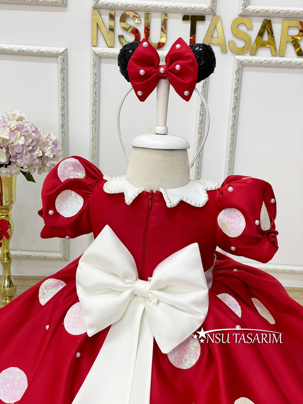 Red Minnie Mouse dress back side top side close up