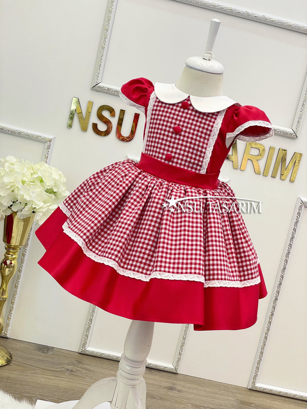 Red Hooded Girl Costume Dress with Striped Lace Skirt and Button Details, Handmade and Perfect for Special Occasions