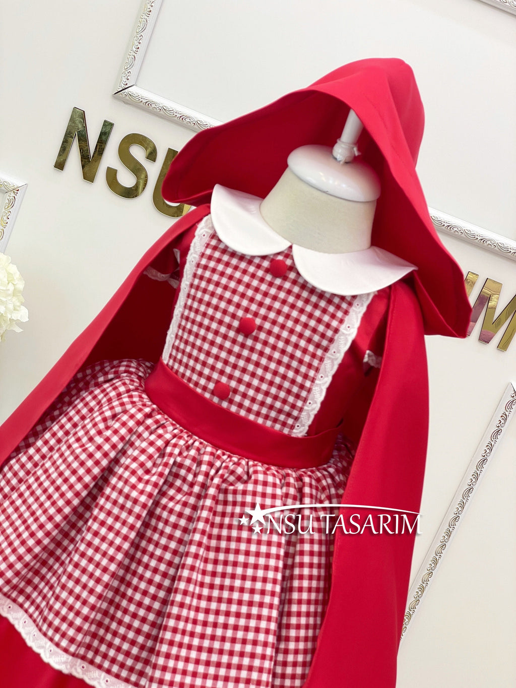 Red Hooded Girl Costume Dress with Striped Lace Skirt and Button Details, Handmade and Perfect for Special Occasions