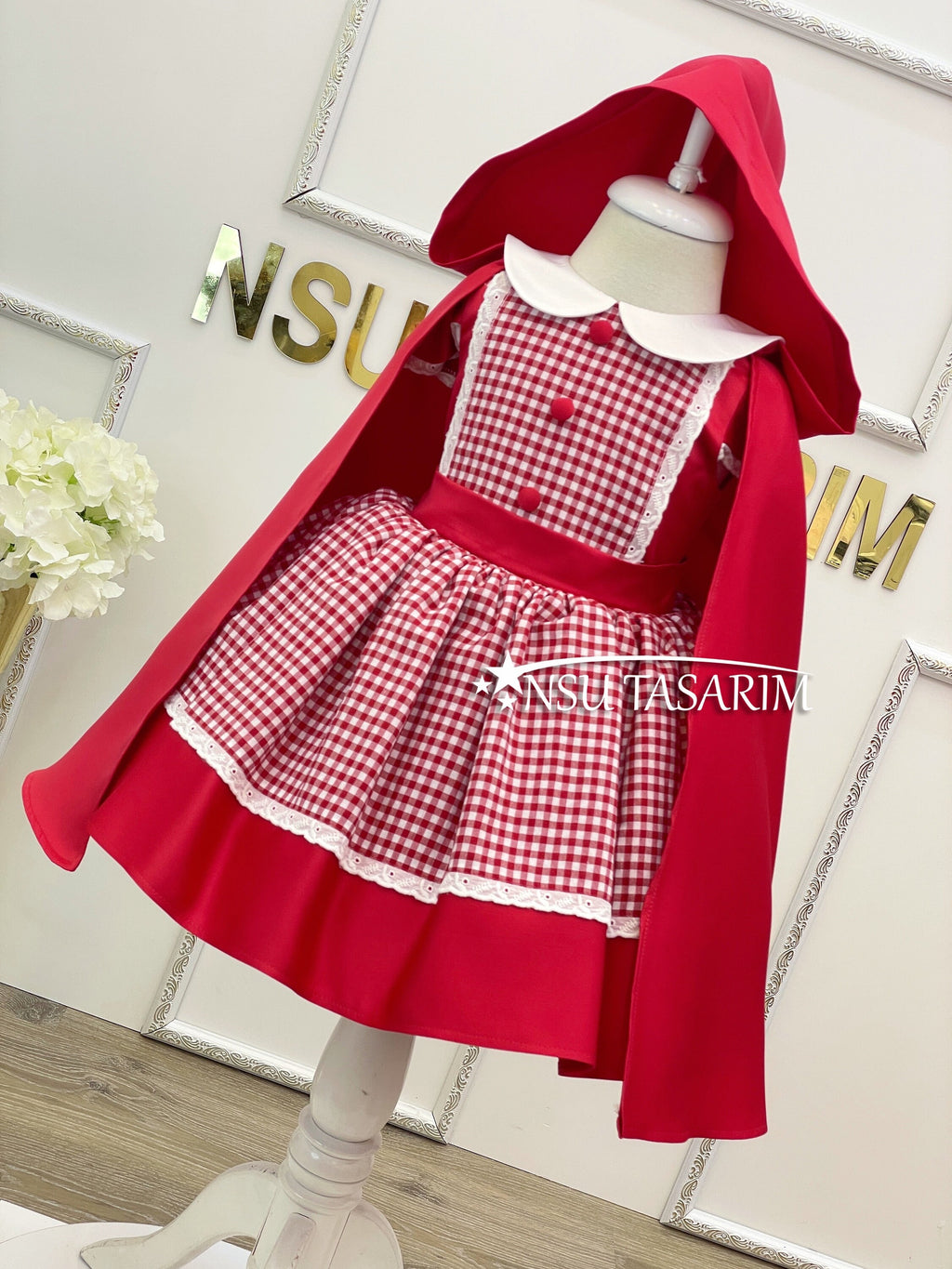 Red Hooded Girl Costume Dress with Striped Lace Skirt and Button Details, Handmade and Perfect for Special Occasions