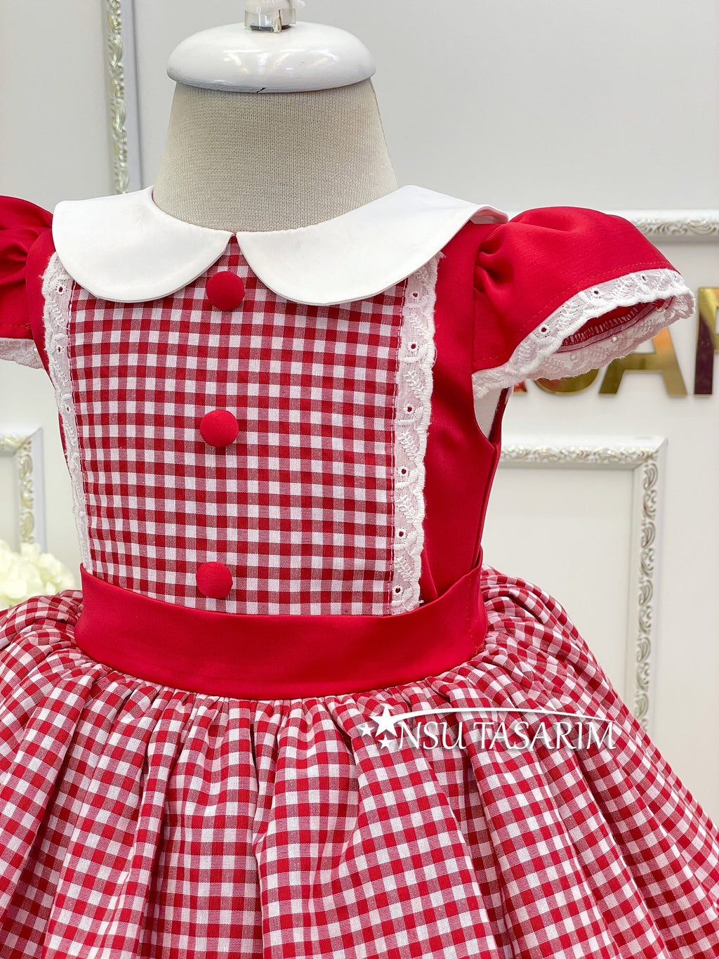 Red Hooded Girl Costume Dress with Striped Lace Skirt and Button Details, Handmade and Perfect for Special Occasions
