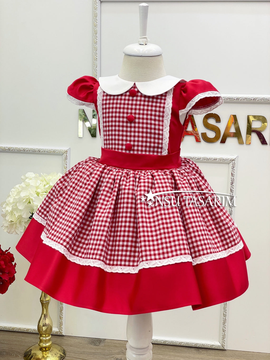 Red Hooded Girl Costume Dress with Striped Lace Skirt and Button Details, Handmade and Perfect for Special Occasions