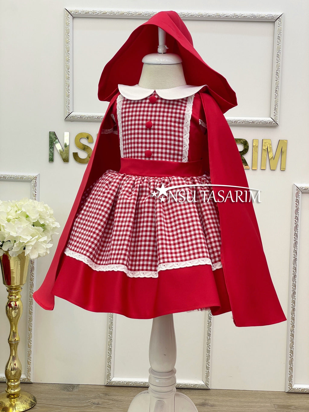 Red Hooded Girl Costume Dress with Striped Lace Skirt and Button Details, Handmade and Perfect for Special Occasions