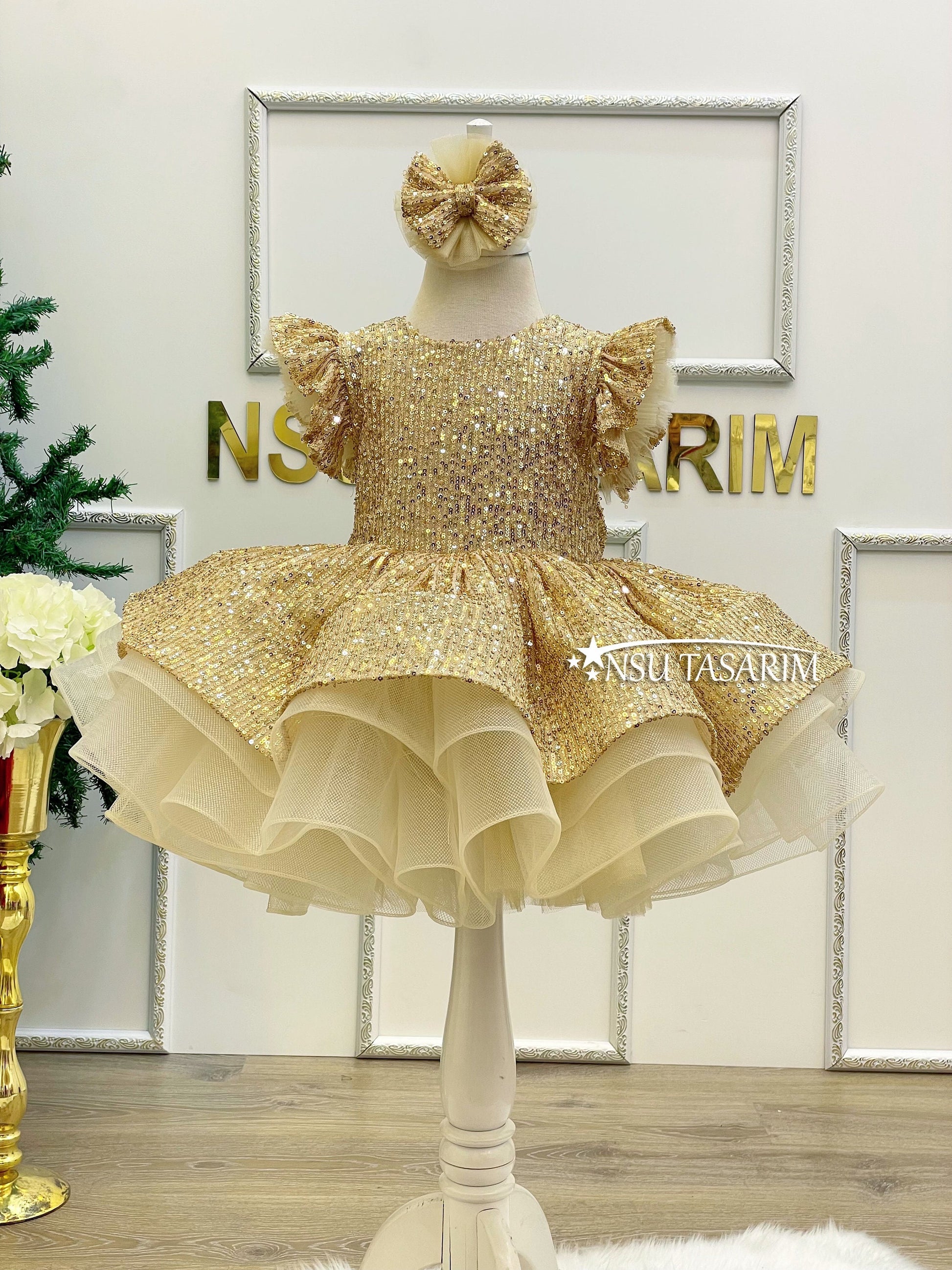 Shimmer in Style: Our Gold Sequin Holiday Dress for Girls, Glittering Kids Dressy Shimmer in Style: Our Gold Sequin Holiday Dress for Girls, Glittering Kids Dressy