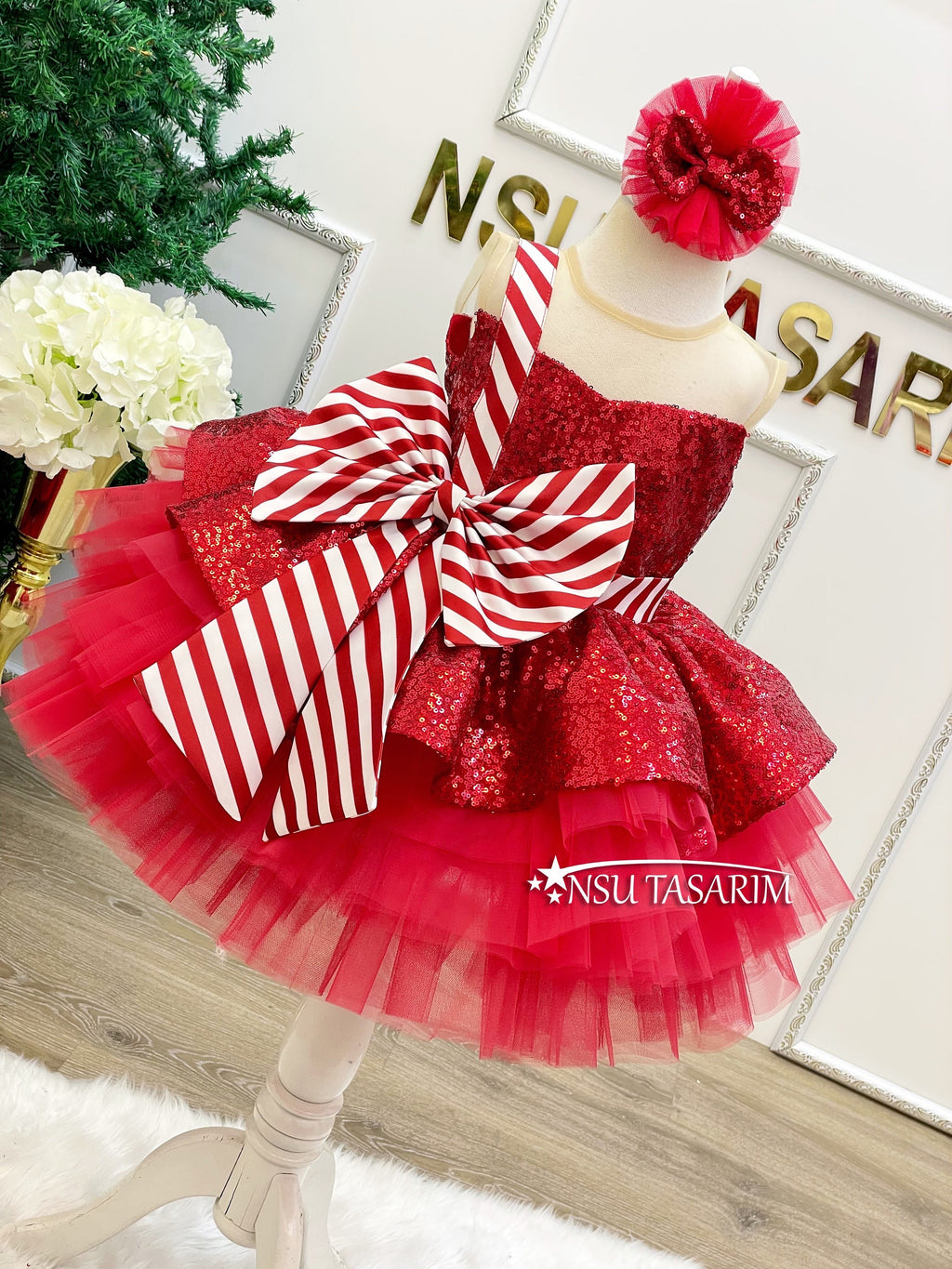 Christmas Red shiny sequin fabric. Knee length fluffy