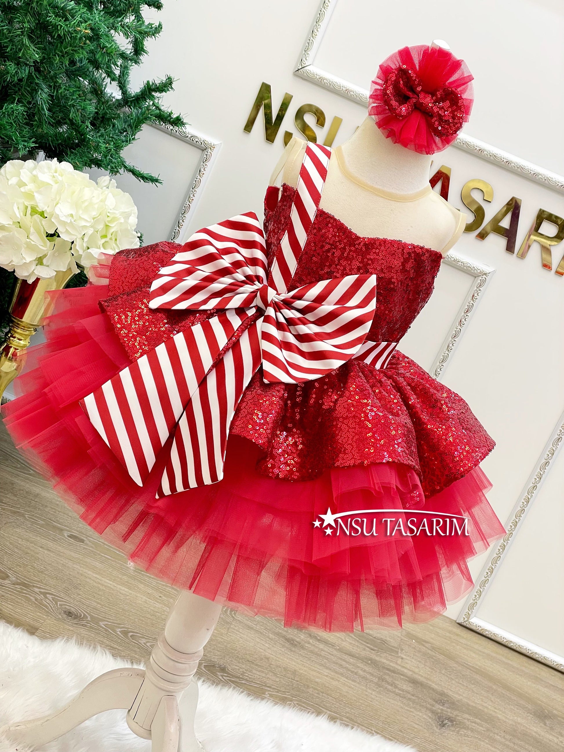 Christmas Red shiny sequin fabric. Knee length fluffy