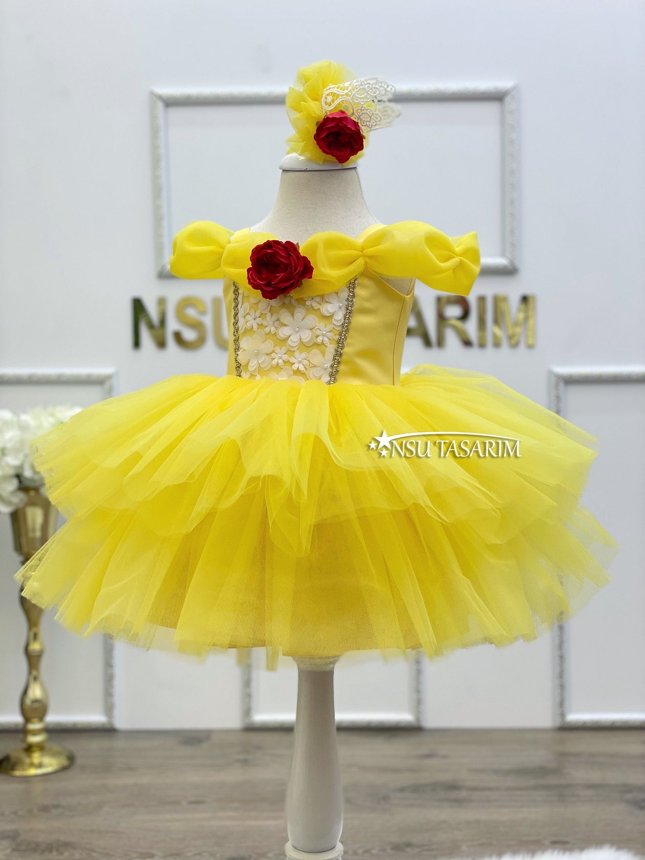 Yellow Tulle Princess Gown Dress for Baby Girls with Satin Bow and Mesh Bodice, Perfect for Special Events