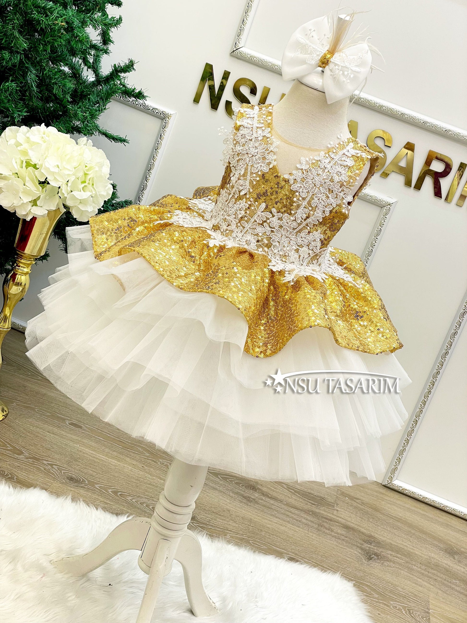 Christmas holiday baby girl dress, Gold Shiny Sequin Fabric,