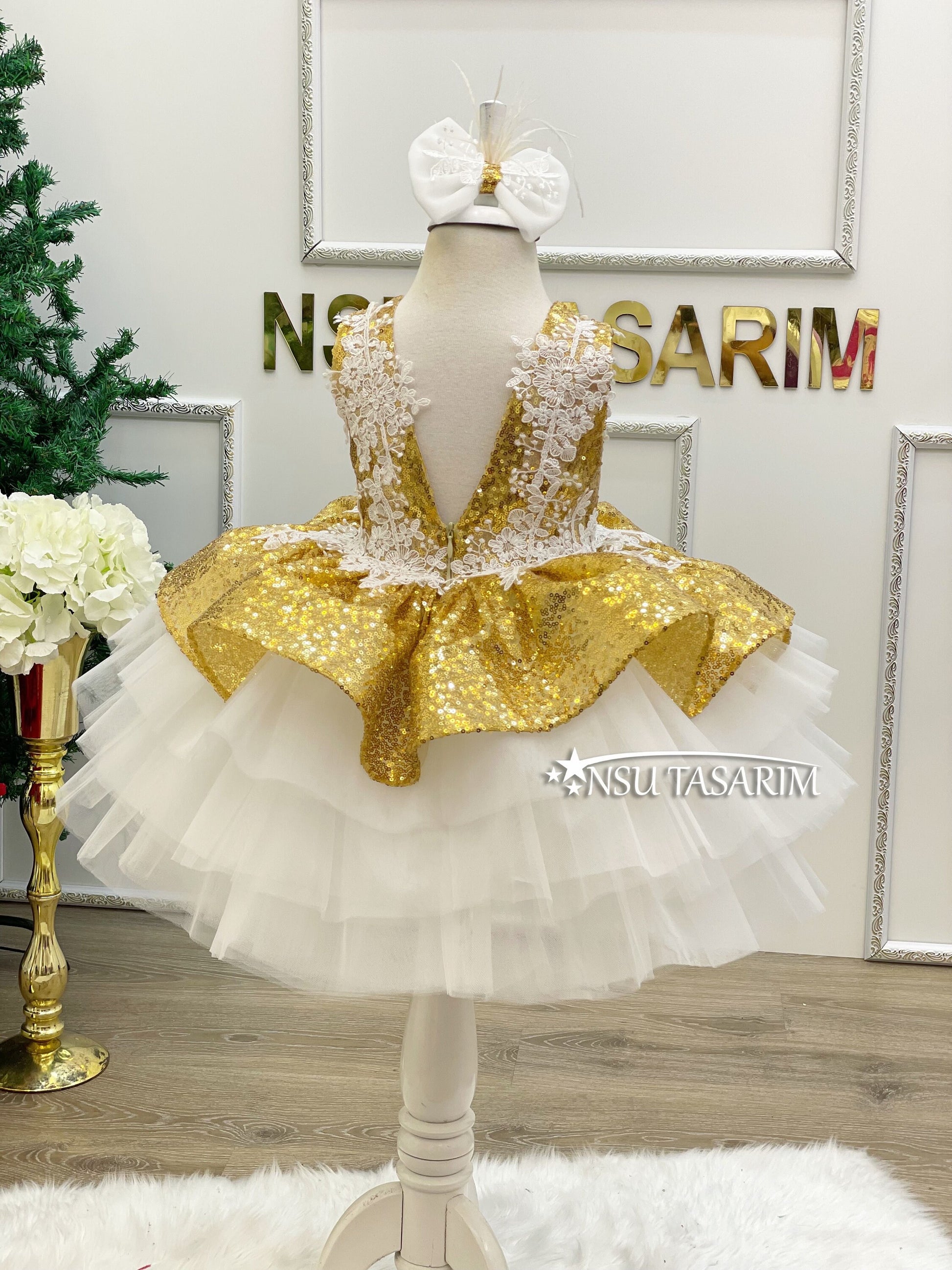 Puffy Knee Length Flower Girl Dress, Gold  White Lace Detailed Handmade Dress