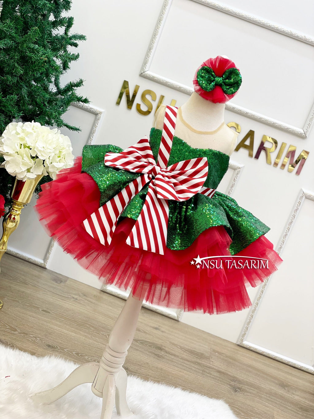Christmas Knee length fluffy baby girl dress, gorgeous fluffy dress for Christmas