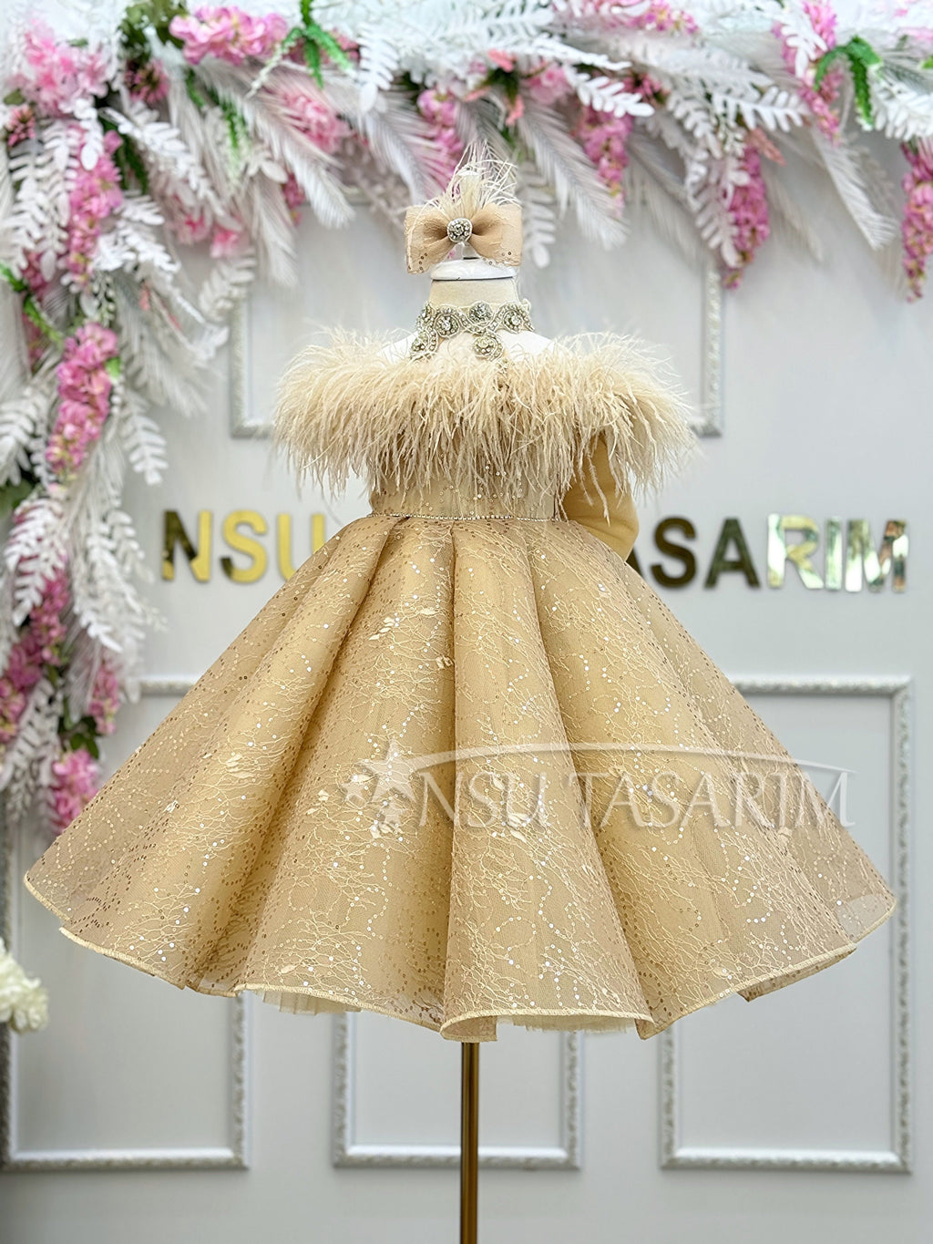 Girl gold lace overlay, Special pleated skirt dress. Crystal stones and feathers, Gold sequin lace dress,