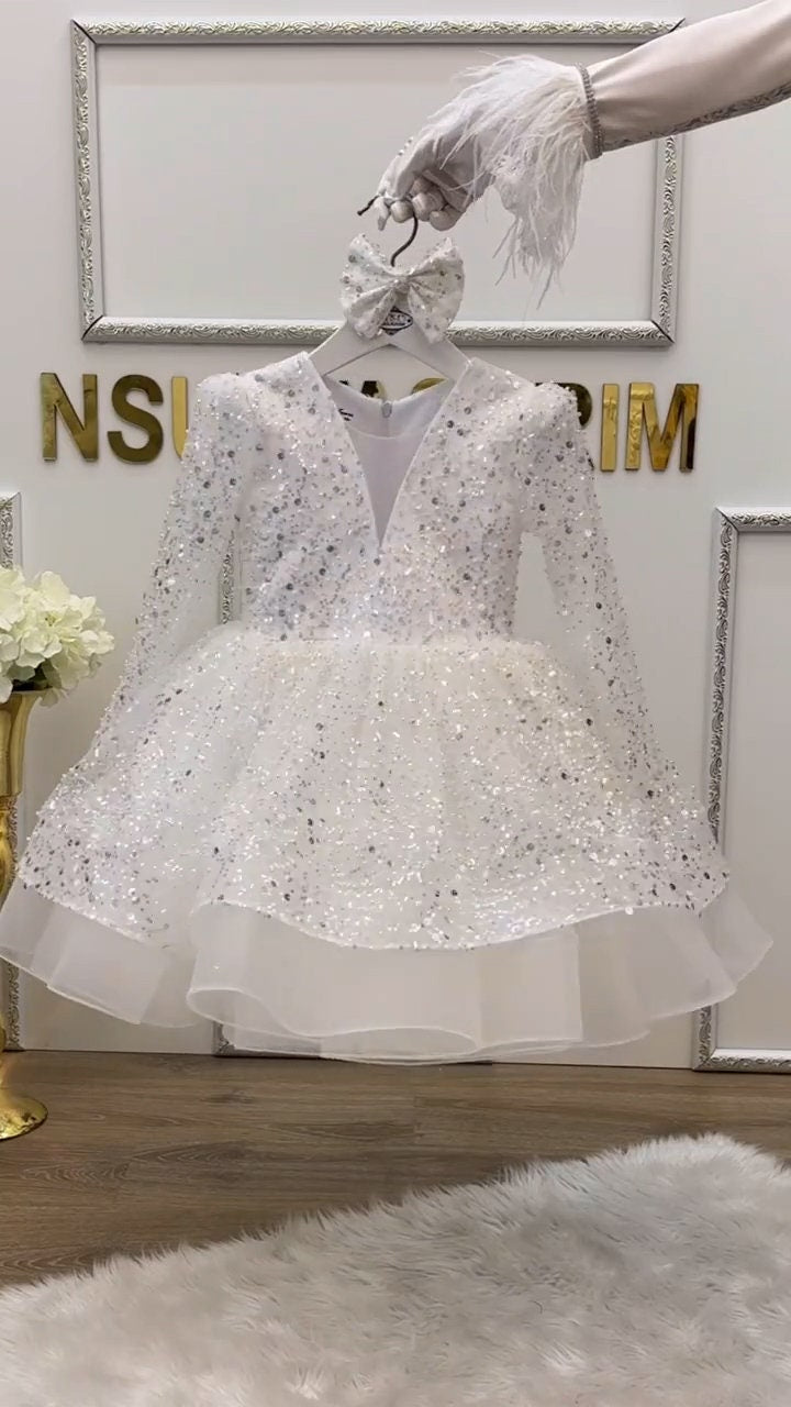 White Sparkly Dress, Princess Dress For Girl, Princess Dress Toddler, Birthday dress, Flower Girl Dress