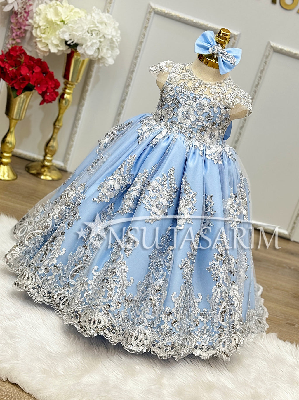 Blue Silver Princess gown, Couture gown Blue