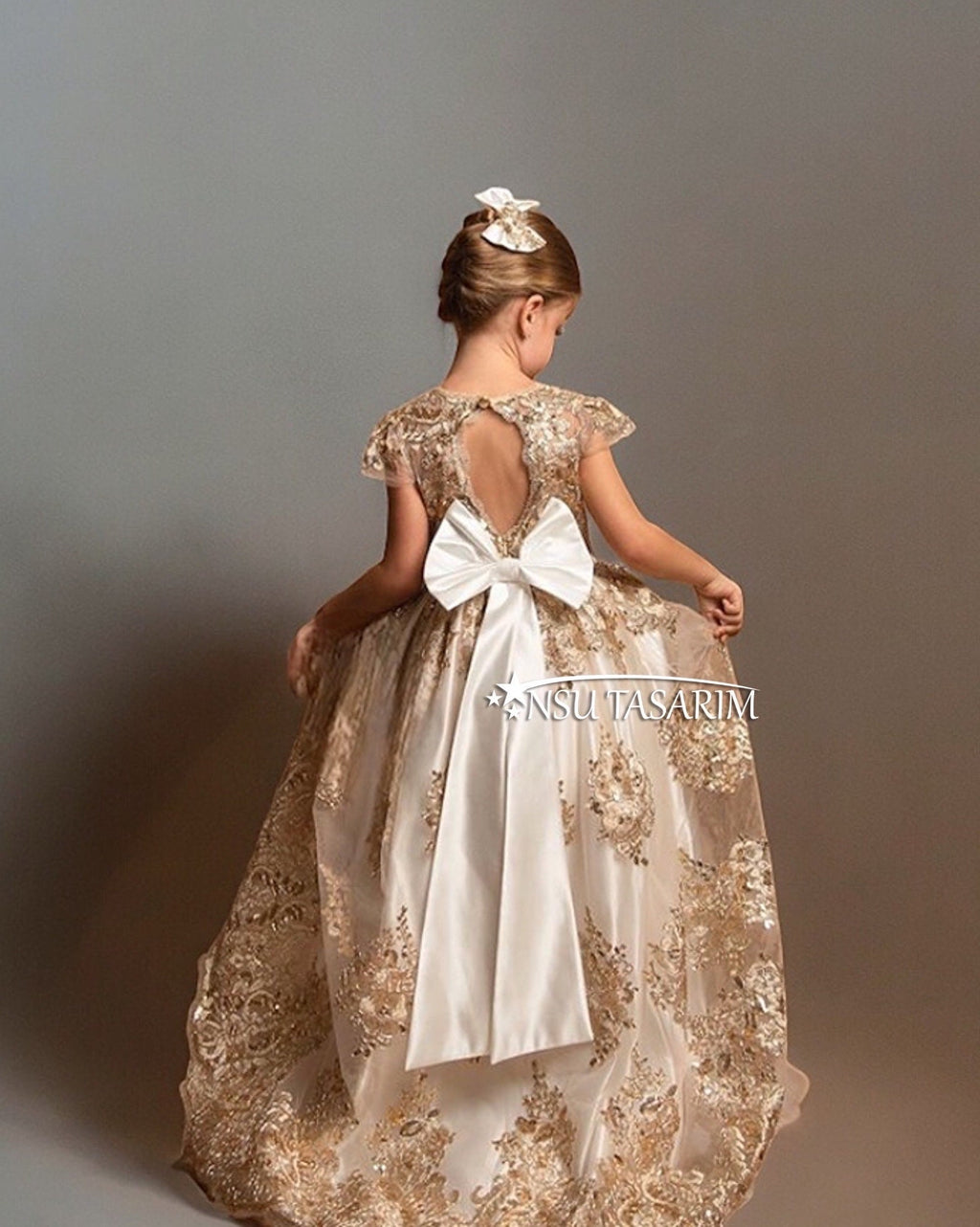 Baby girl dress. White gold. Sparkle gold lace. For special occasion. High low. couture gown.