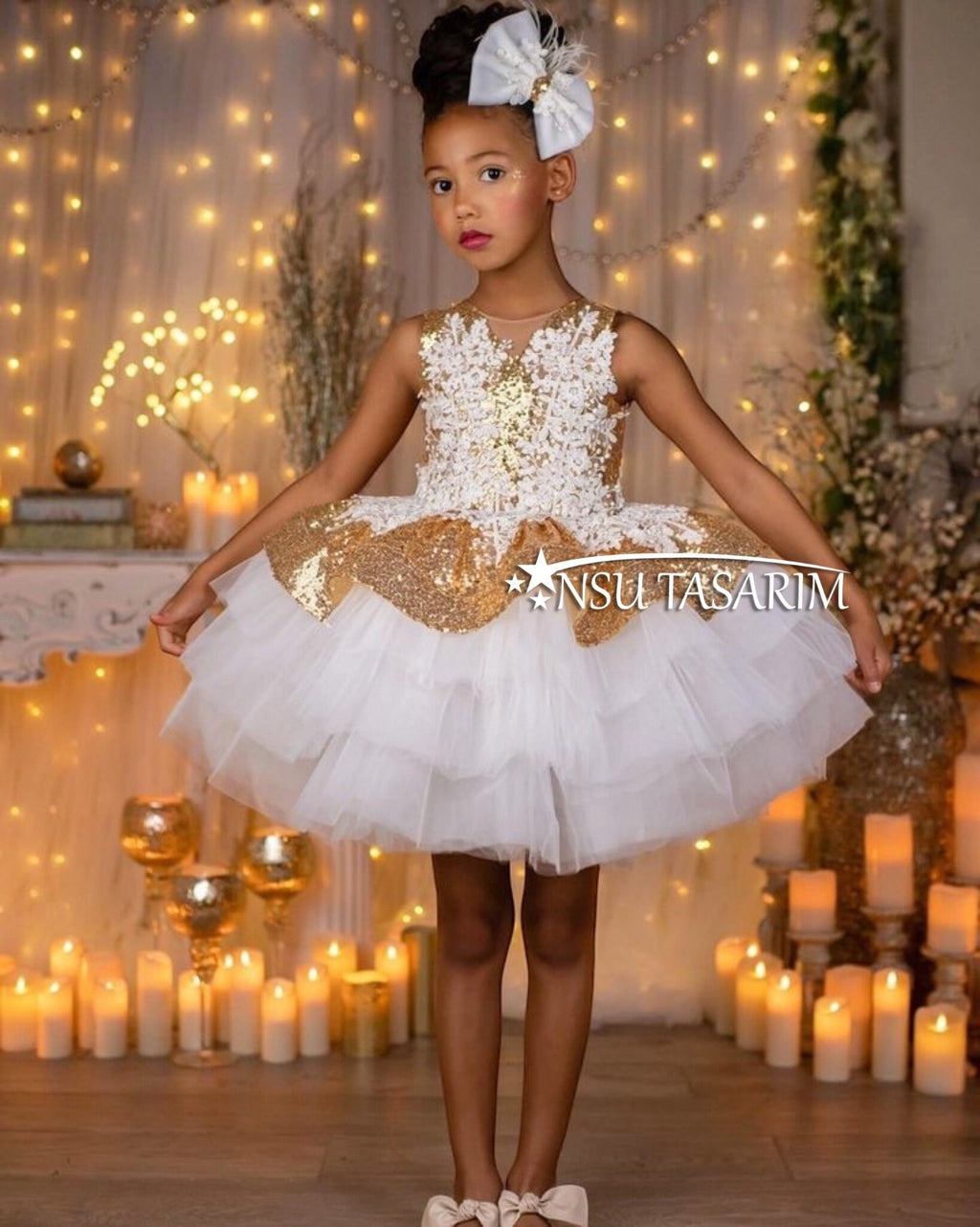 Christmas holiday baby girl dress, Gold Shiny Sequin Fabric, Puffy Knee Length Flower Girl Dress.
