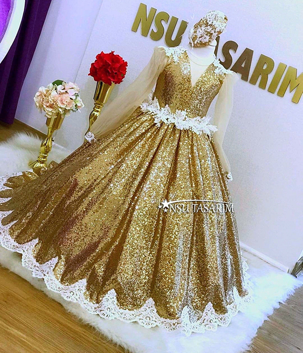 Girl gold sparkle dress. Gold sequin dress. For special occasion, long toddler gown, princess gown dress.