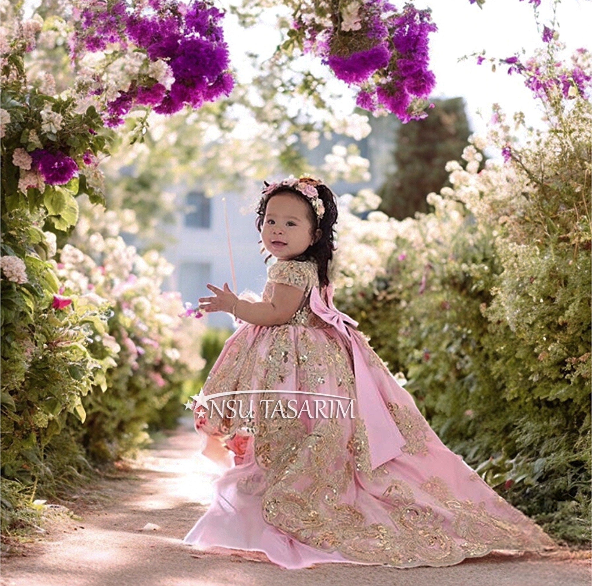 Baby girl dress Pink gold. Sparkle gold lace.