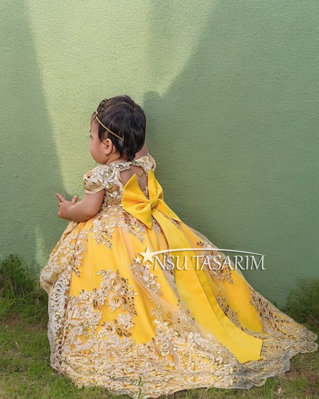 Baby Princess party dress. Belle dress. Yellow and Sparkle gold lace. High low. For special occasion, high low designs.