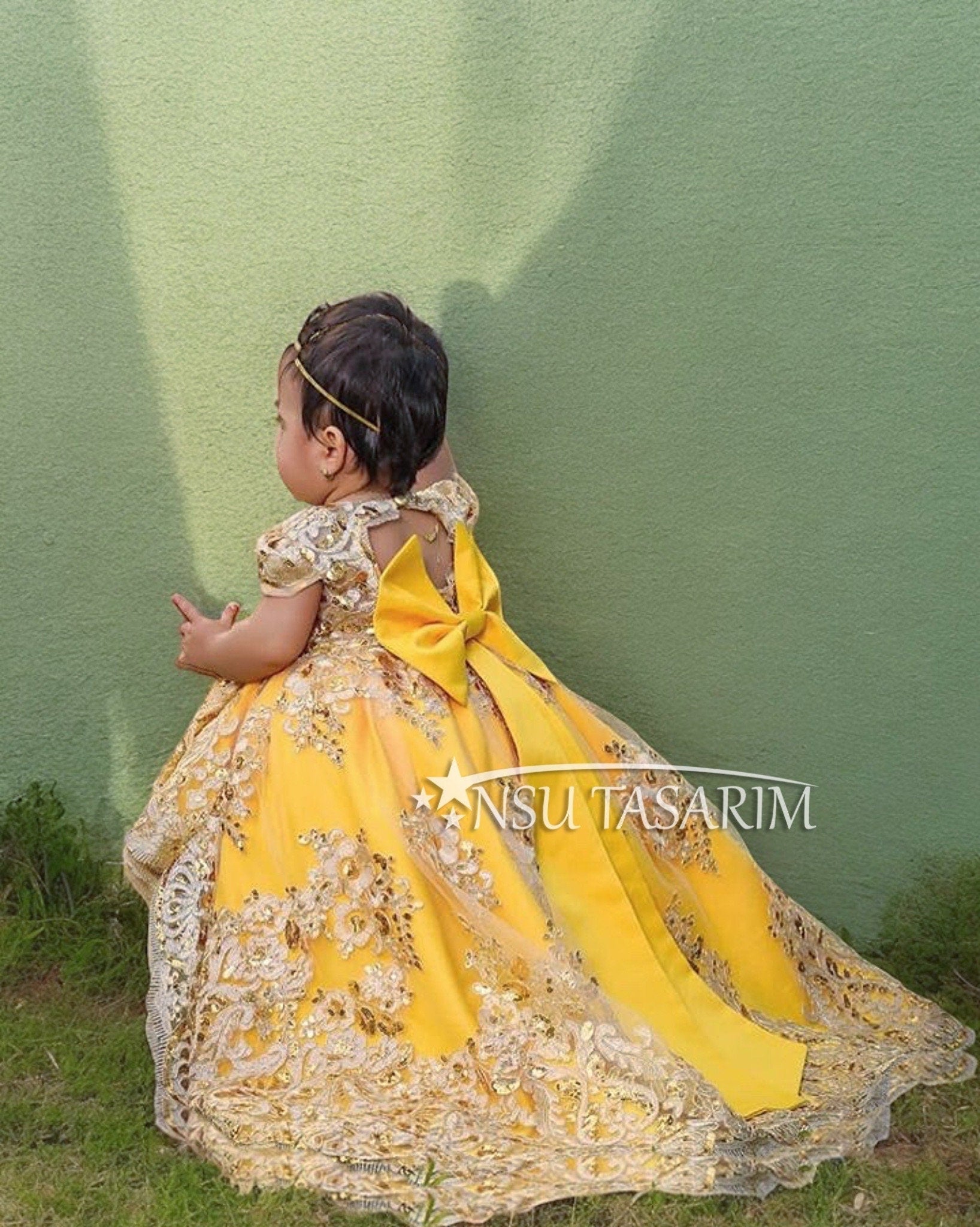 Baby Princess party dress. Belle dress. Yellow and Sparkle gold lace. High low. For special occasion, high low designs.