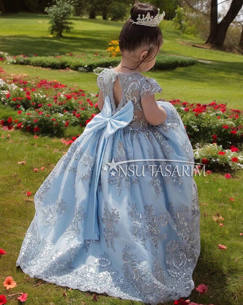 Full lenght Long tail high low, Blue Silver Princess gown, Couture gown Blue
