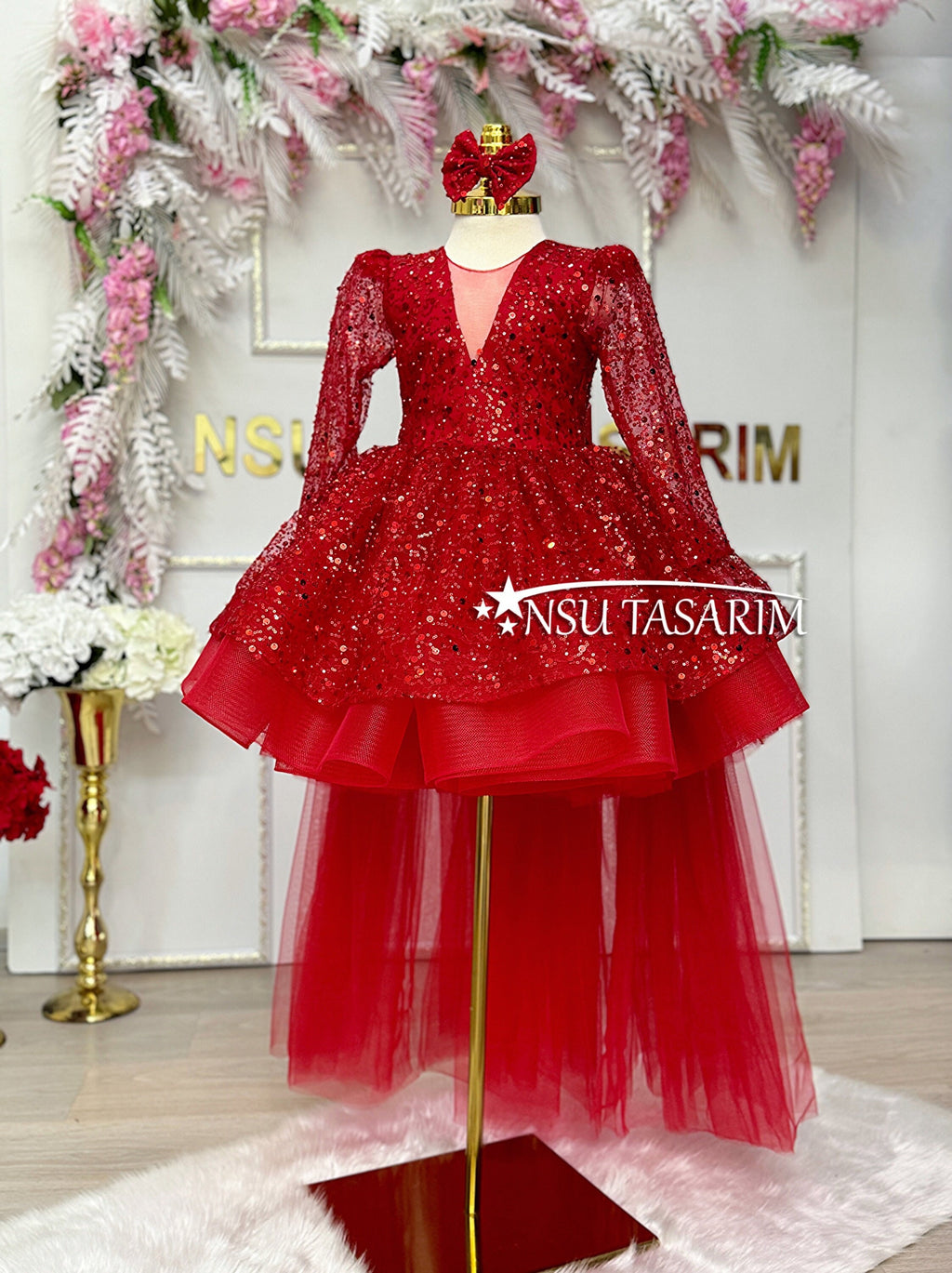 Red Baby dress with removable train, Red princess dress, Red high low dress ,With removed tail. Bead embroidered. Sparkle red