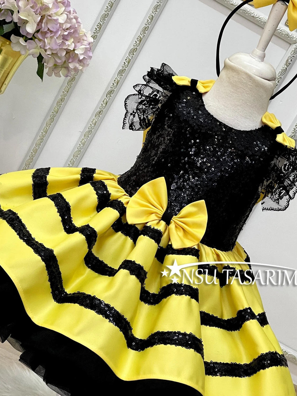 Bee birthday outfit front side bow and shiny sequin fabric wide angle