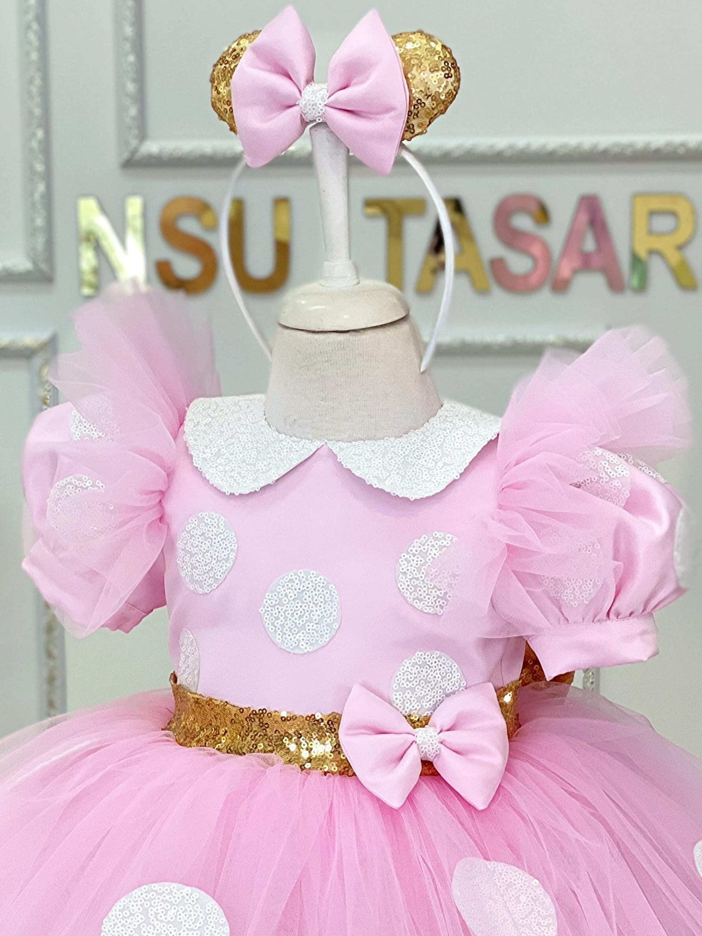 open lace back dress Pink Minnie Mouse dress with white trim and pink tutu – LoverDovers main image 0