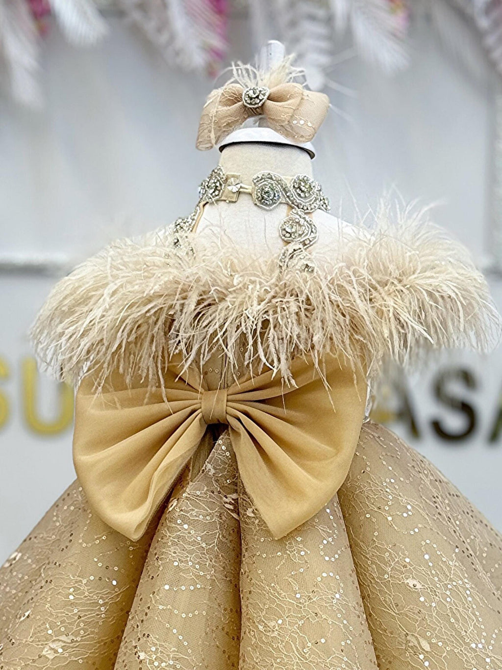 Girl gold lace overlay back bow