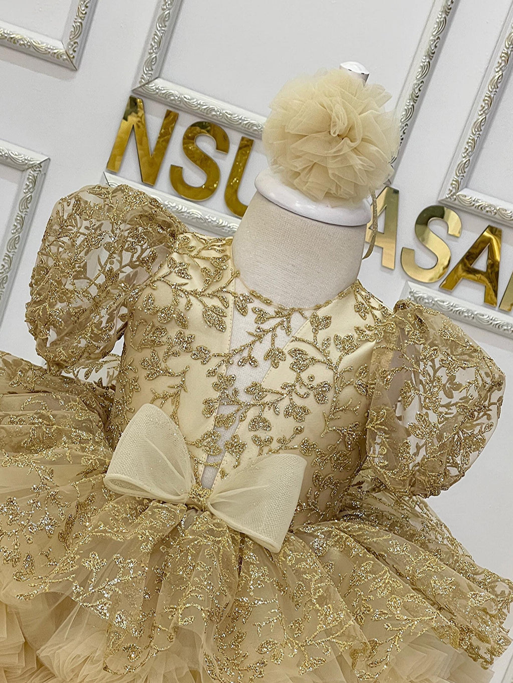 Golden baby girl dress front upper part lace