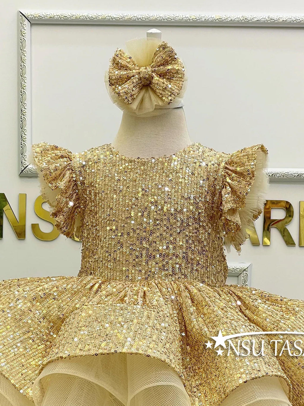 Our Gold Sequin Holiday Dress front upper part