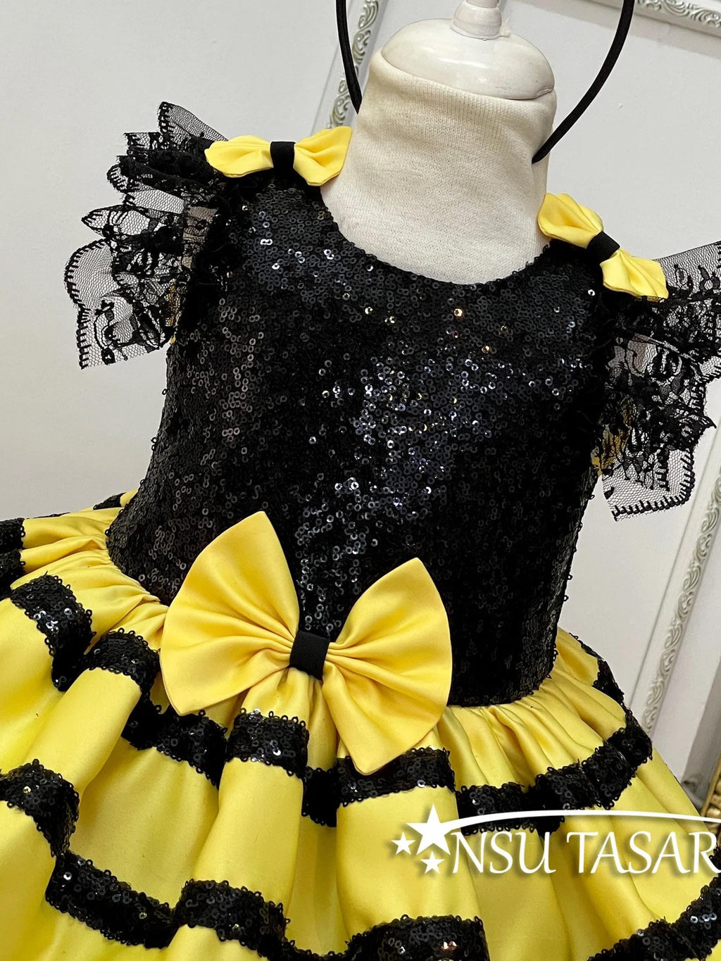 Bee birthday outfit front bow and shiny sequin fabric