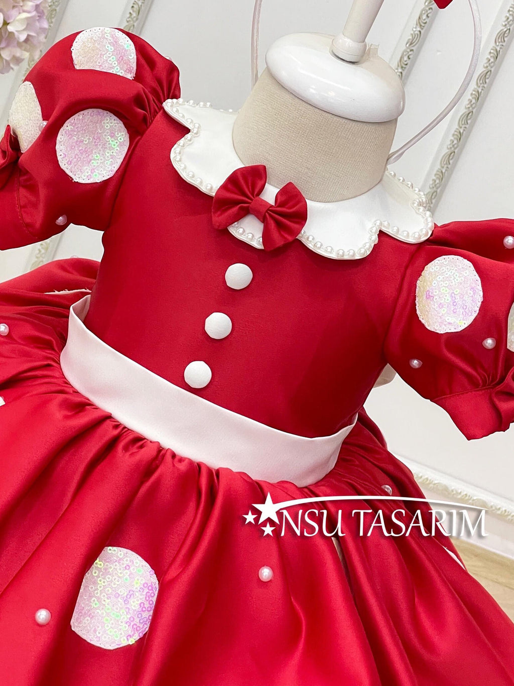 Red Minnie Mouse dress front side top side close up photo