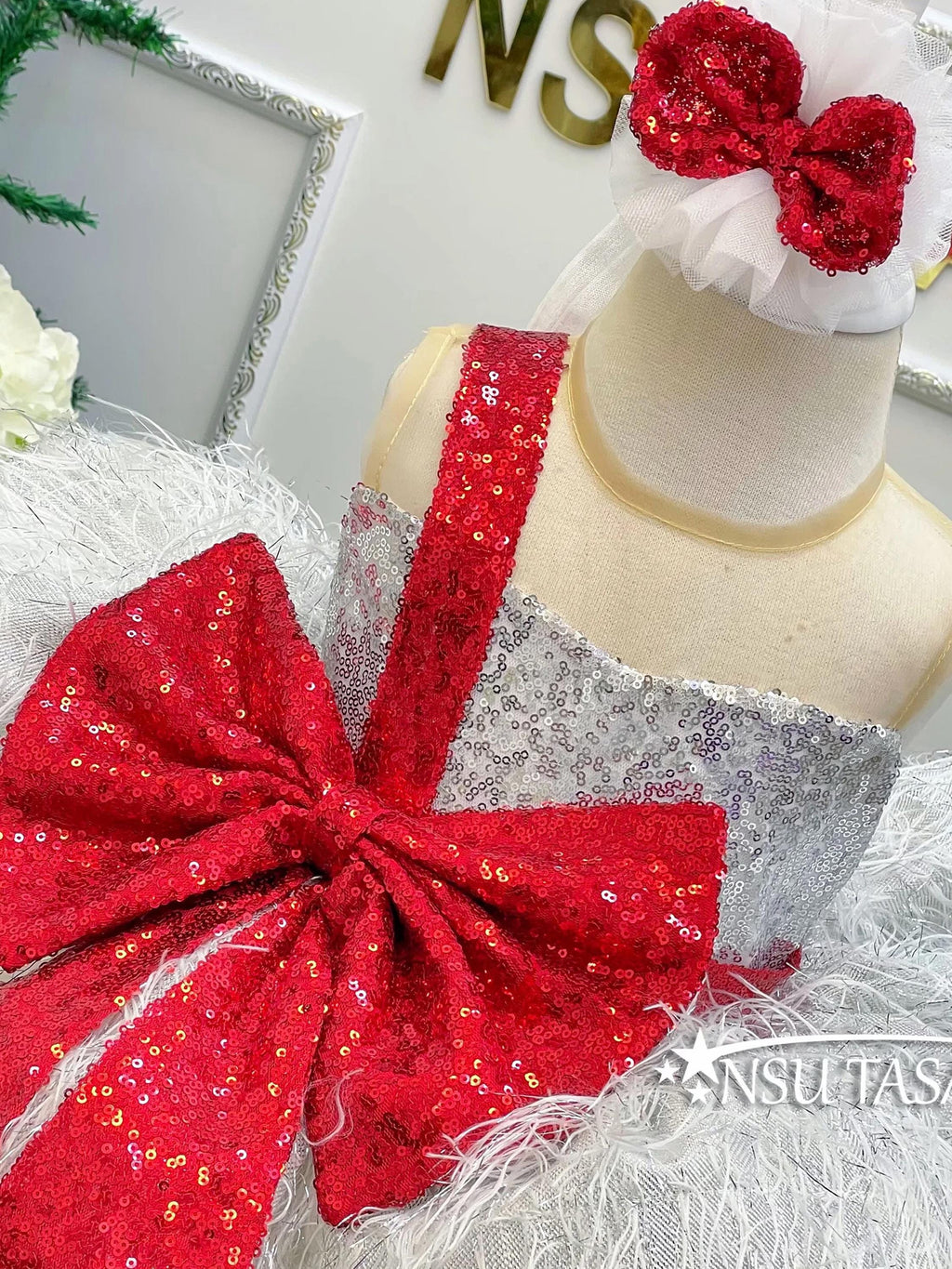 Silver Shiny Sequin Fabric front bow