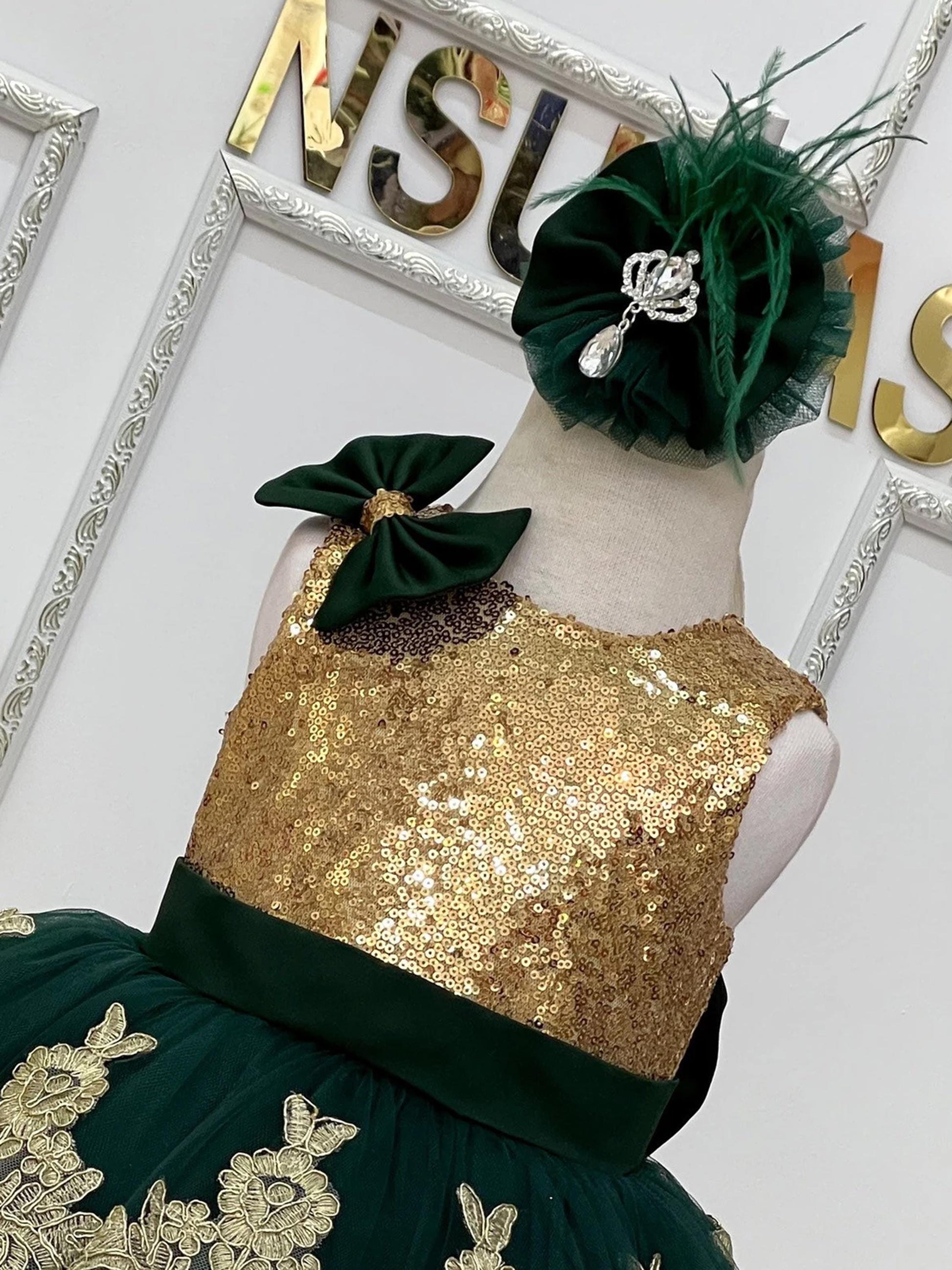 Gold emerald baby girl dressfront upper part