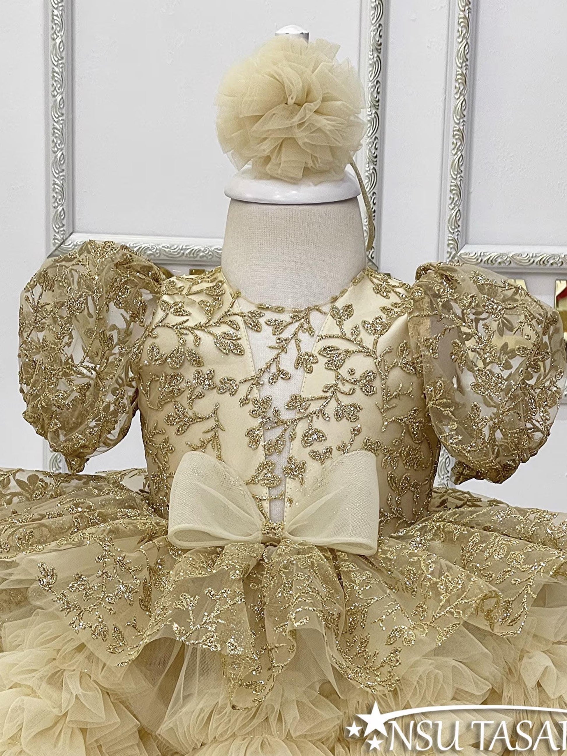 Golden baby girl dress front lace