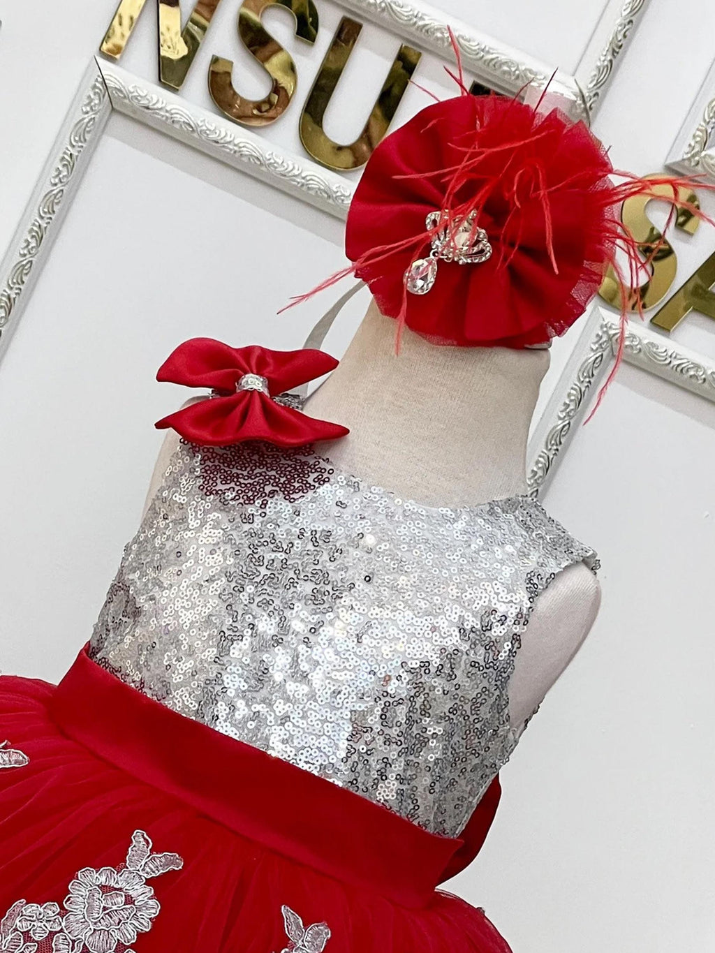 Silver red baby girl dressfront upper part