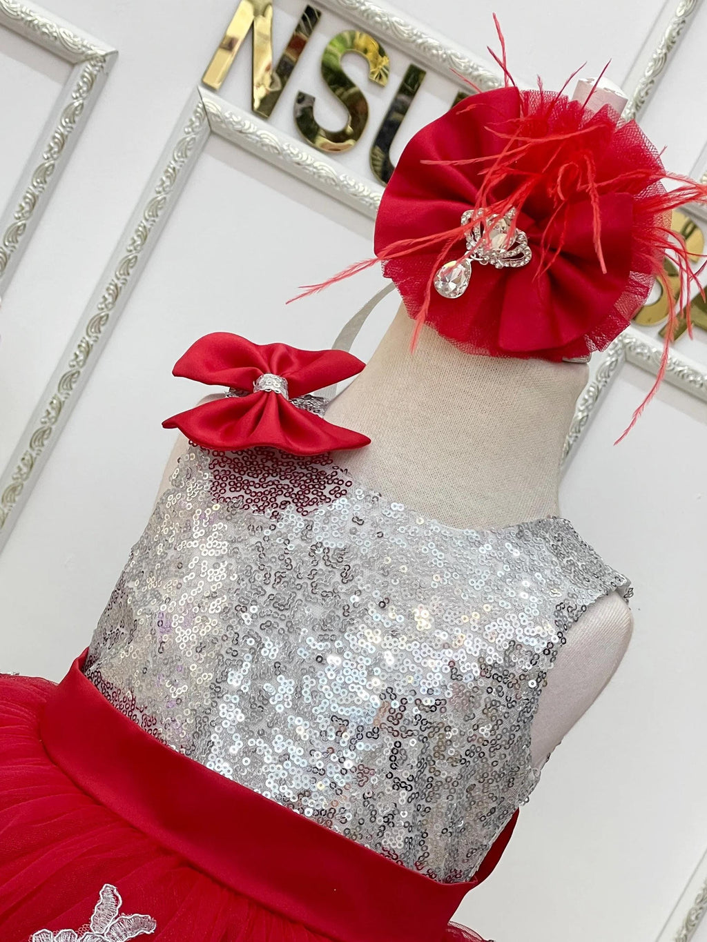 Silver red baby girl dress front hair accessory