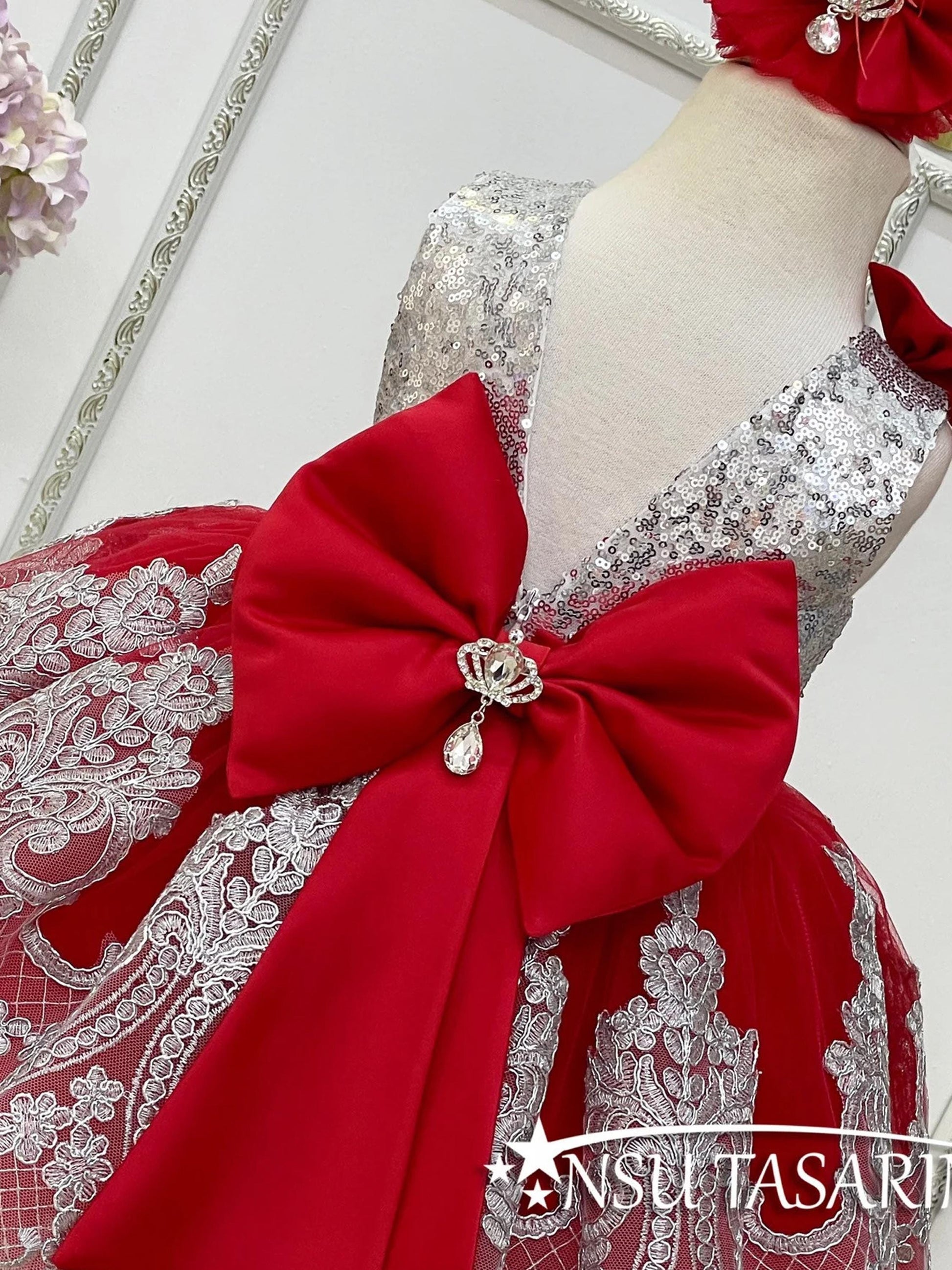 Silver red baby girl dress back bow