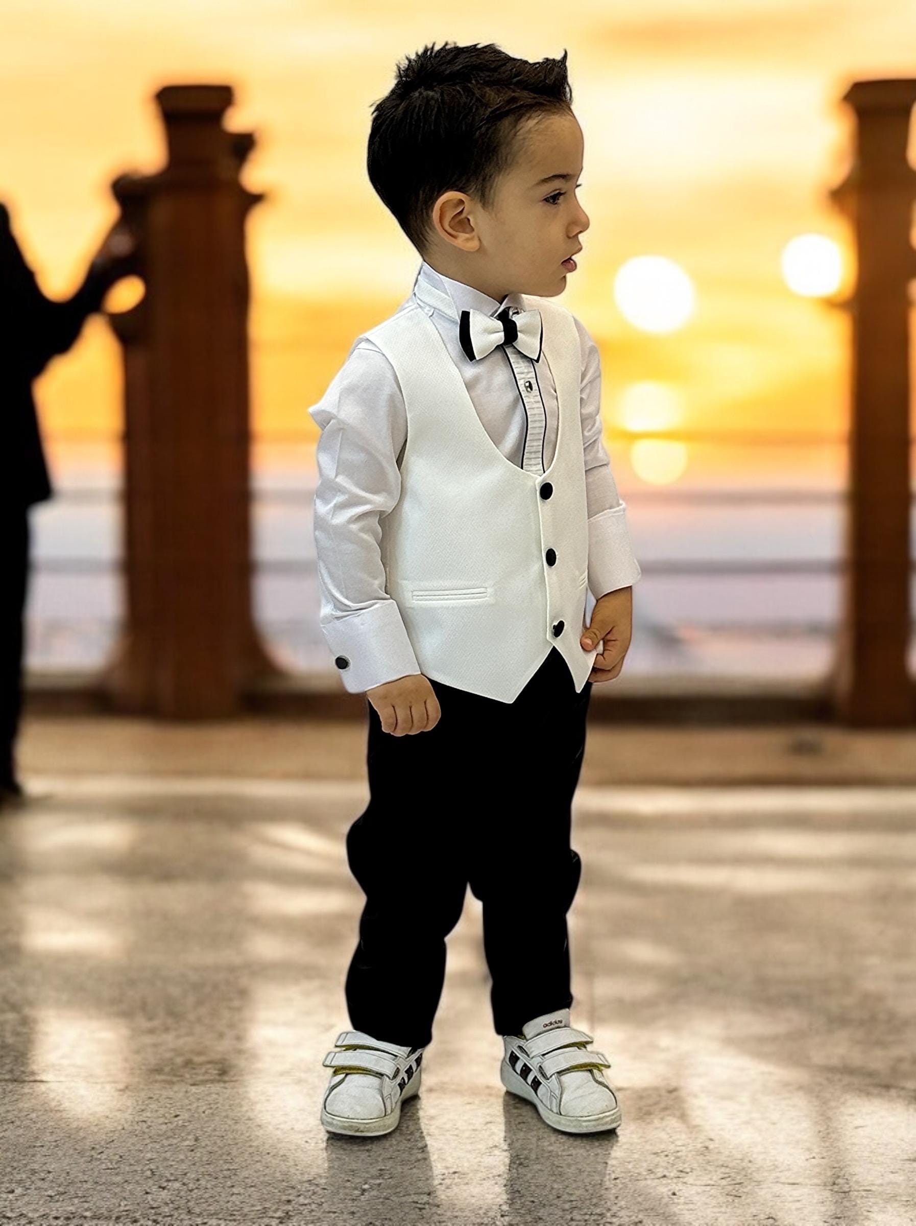 White & Black Formal Suit with Bow Tie Accessories