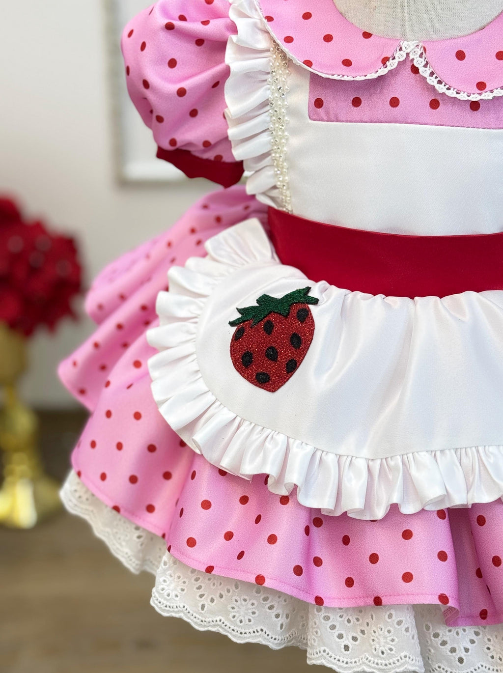 strawberry Puffy Sleeves Party Outfit with Hat & Bow