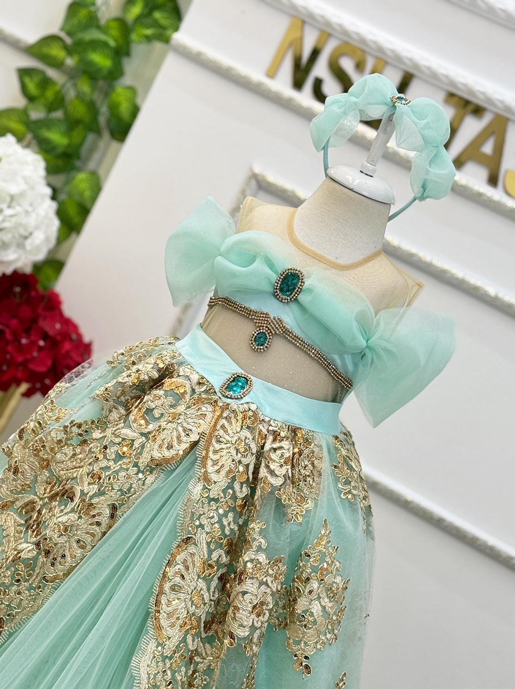 Turquoise Princess Costume Dress for Baby Girls with Sparkling Stone Bodice and Tulle Skirt, Handmade and Perfect for Parties