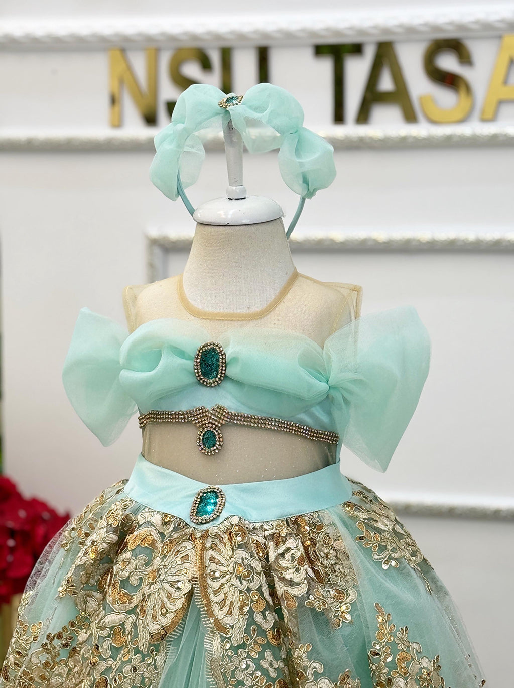 Turquoise Princess Costume Dress for Baby Girls with Sparkling Stone Bodice and Tulle Skirt, Handmade and Perfect for Parties
