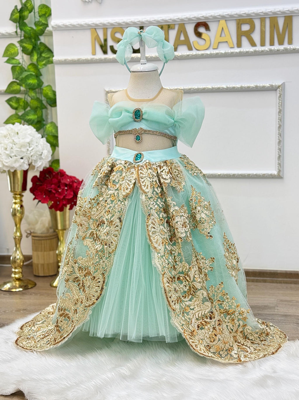 Turquoise Princess Costume Dress for Baby Girls with Sparkling Stone Bodice and Tulle Skirt, Handmade and Perfect for Parties