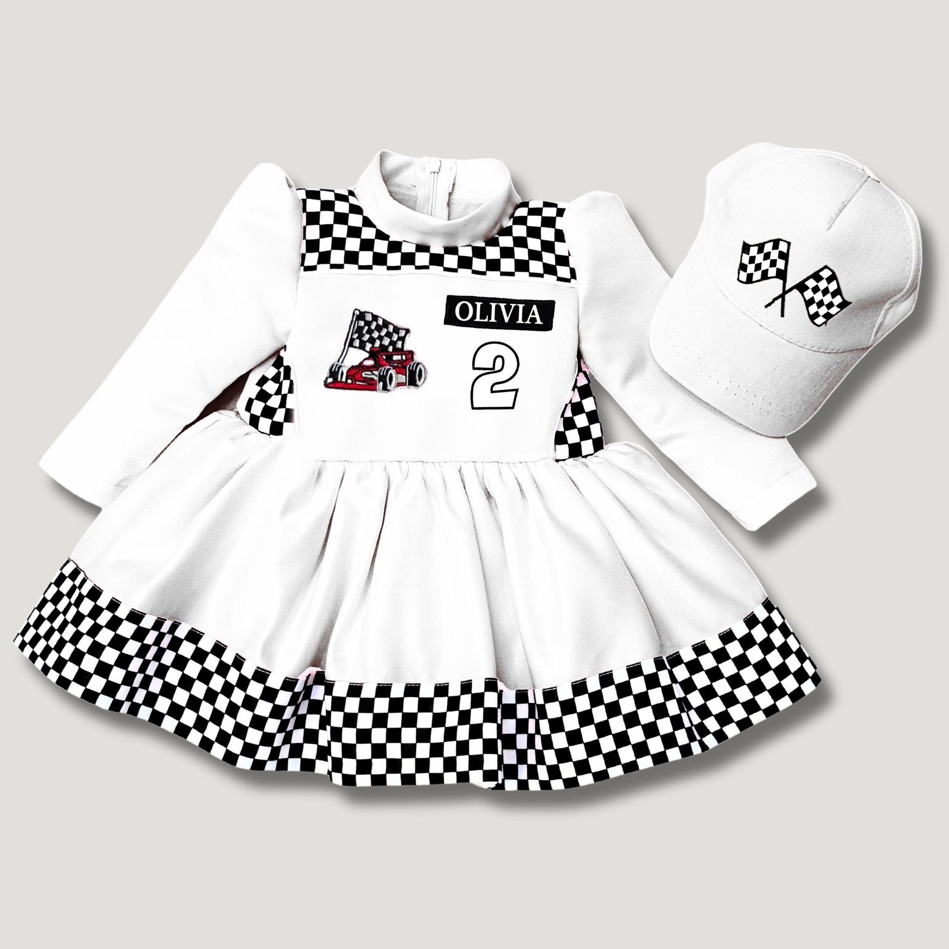 1st birthday race car dress with checkered details